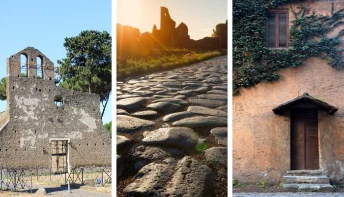 Conjunto de imagens motrando ruinas da Via Apia