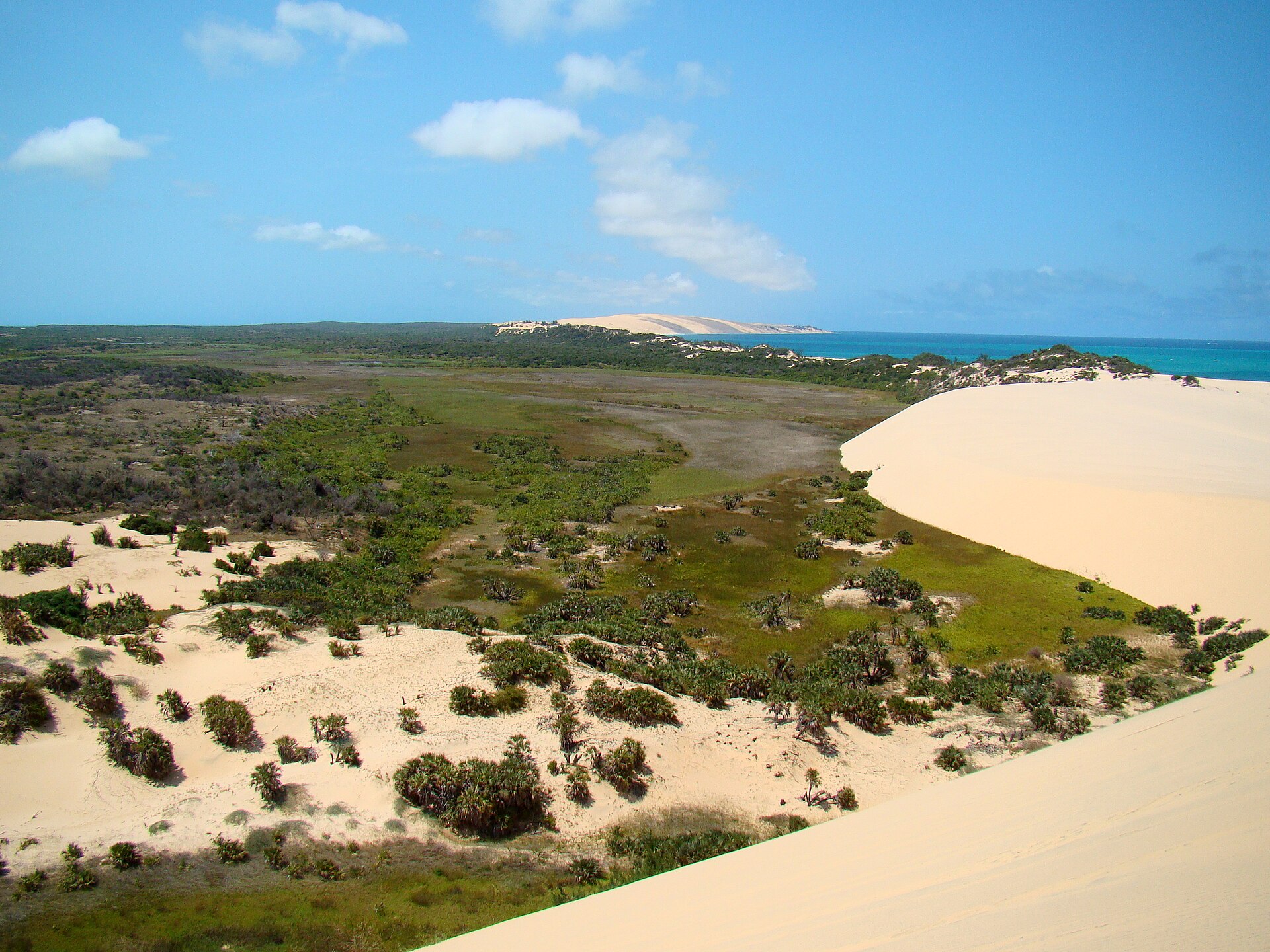Grande duna de areia clara à direita, com palmeiras baixas e vegetação verde ao centro e o mar turquesa ao fundo