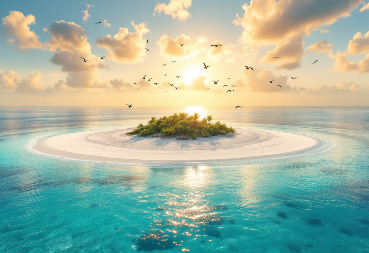 Pequena ilha com palmeiras no centro de um banco de areia branca circular, cercada de mar turquesa raso, com um bando de aves voando sob o sol baixo