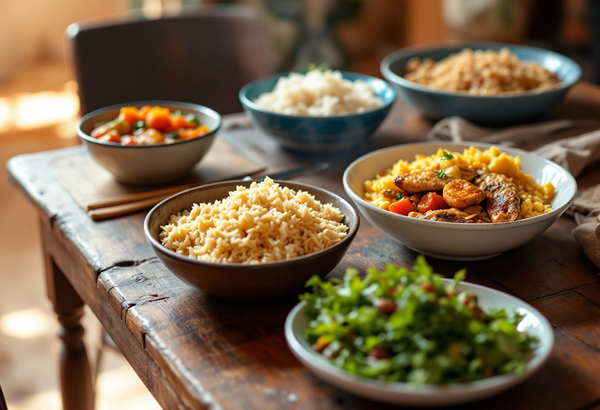Mesa de madeira rústica com tigelas de arroz, ensopado de legumes alaranjados, frango grelhado com arroz amarelo e um prato de salada verde