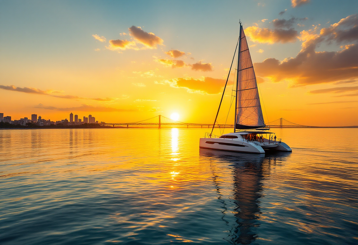 Catamarã de vela branca navegando em águas calmas ao pôr do sol, com o sol baixo, uma ponte suspensa e a silhueta da cidade ao fundo