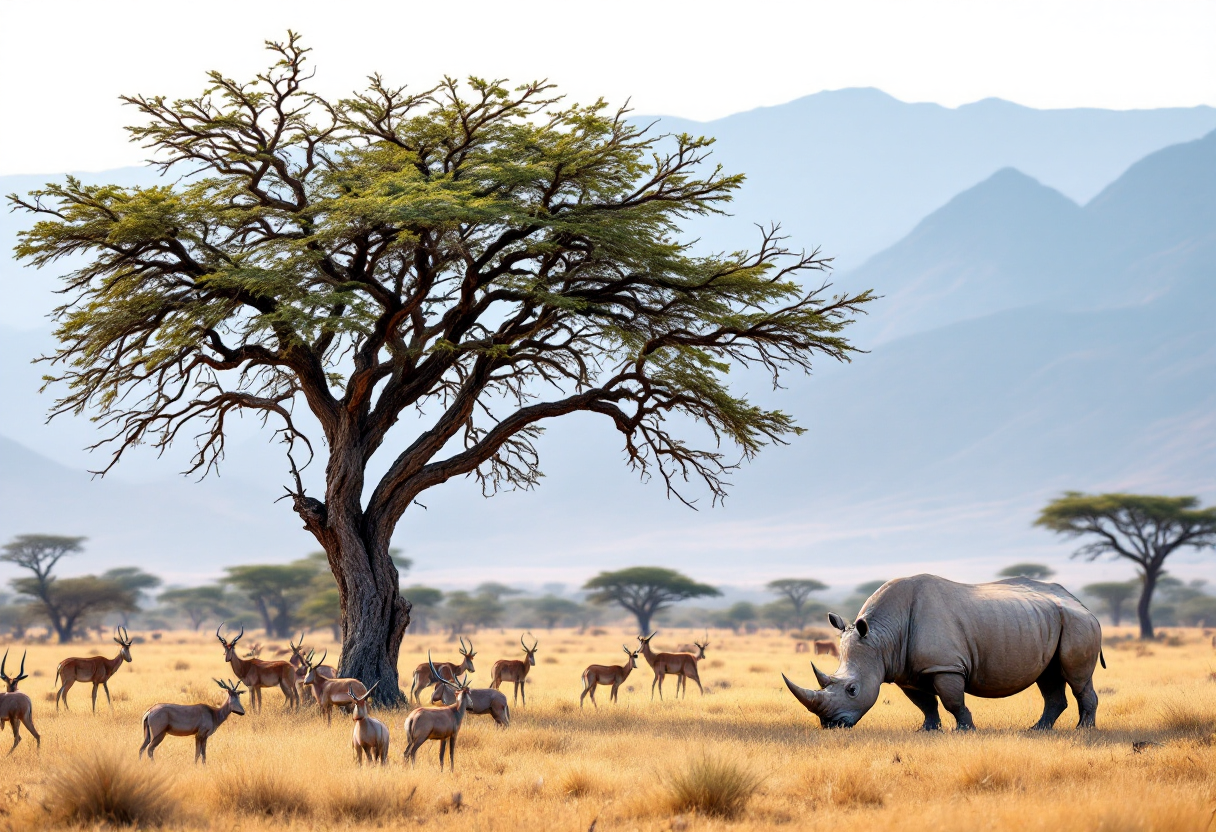 Rinoceronte pastando à direita na savana de capim dourado, com uma acácia grande à esquerda, um bando de antílopes ao fundo e montanhas azuladas no horizonte