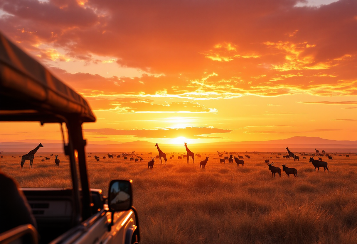 Pôr do sol alaranjado sobre a savana, visto de dentro de um veículo de safári, com girafas e antílopes em silhueta no capim